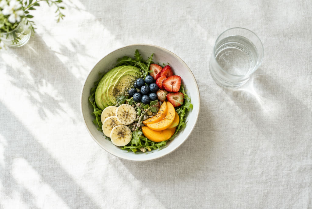 A bowl of fresh fruit and a glass of water in soft light