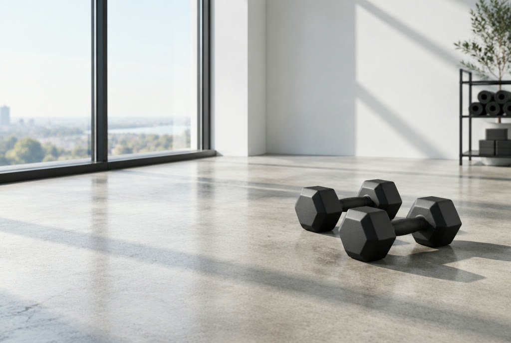 Two dumbbells on a concrete floor by a bright window